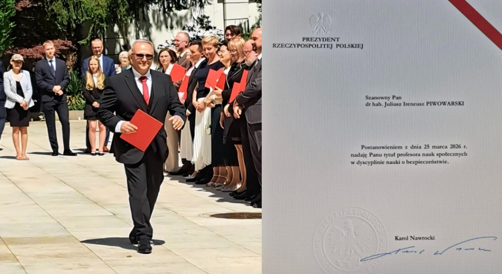 Prof. Juliusz Piwowarski z aktem mianowania na tytuł profesora nauk społecznych